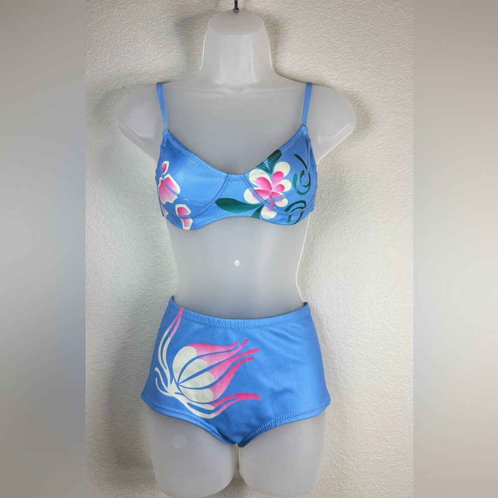C. Rowley Floral Blue High Waisted Neoprene Bikini Set Top Medium‎ Bottom Small